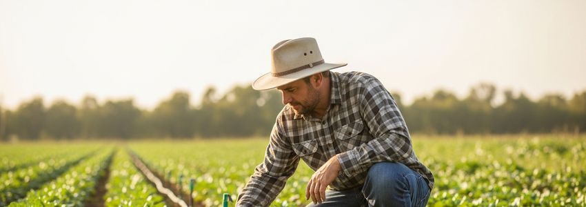 Organic farmer inspecting drip irrigation equipment in a certified organic vegetable field