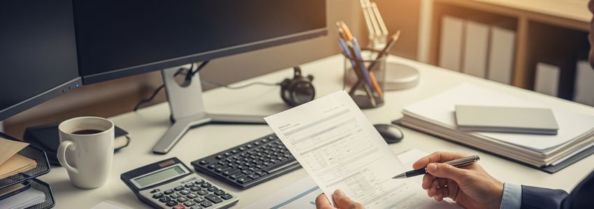 Business professional reviewing loan documents and origination fee paperwork at an office desk