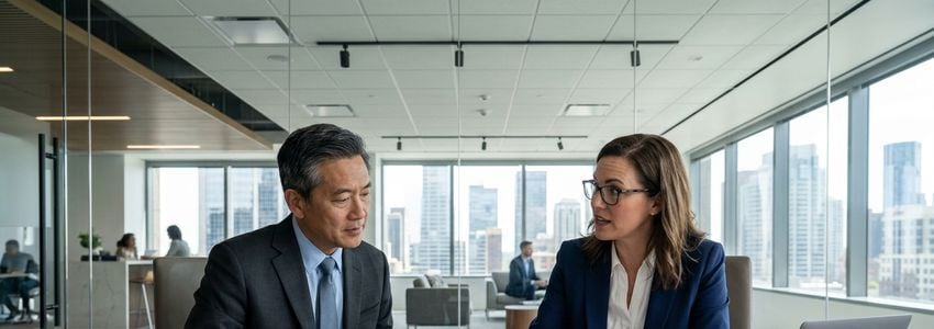 Two business professionals reviewing and negotiating loan terms and origination fees in a modern office conference room