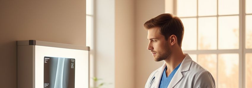 Orthopedic surgeon reviewing a joint X-ray on a light box in a clinical office
