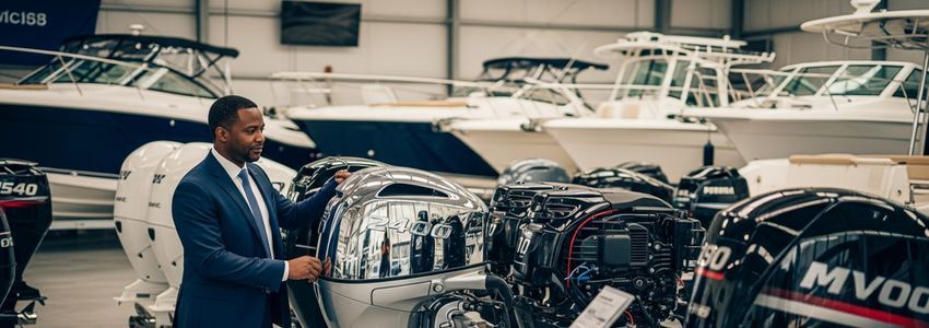Business owner reviewing outboard motor financing options at a marine dealership
