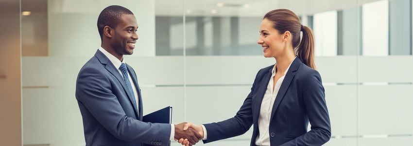 Two business professionals shaking hands after a successful investor meeting in a modern office