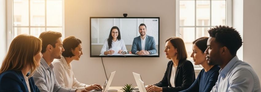 Small business team collaborating with outsourced workers on video call
