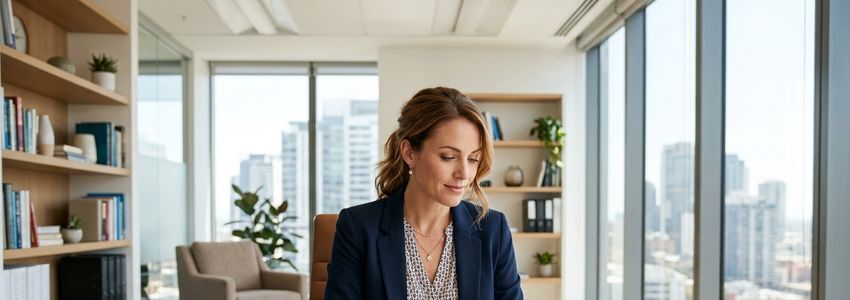 Small business owner and financial advisor reviewing wage settlement documents and payment options at an office desk