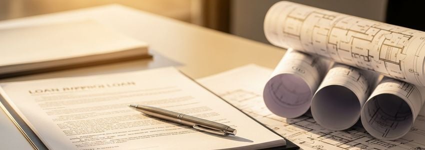 Business professionals reviewing commercial property loan documents in a modern office