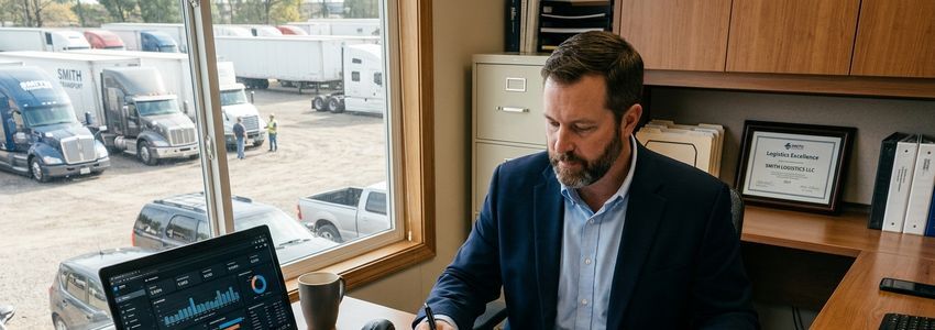 Owner-operator trucker reviewing business loan financing documents in office with truck yard visible through window