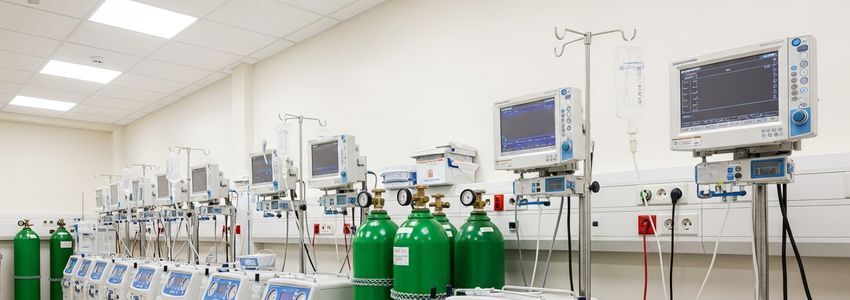 Healthcare professional reviewing medical oxygen equipment including oxygen concentrators and tanks in a clinical setting