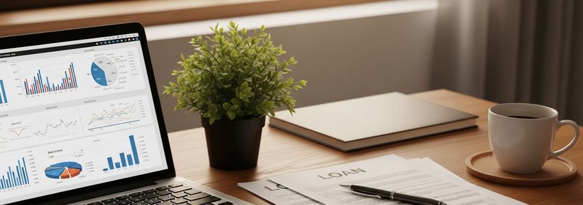 Small business owner reviewing peer-to-peer lending options and financial documents at a modern desk