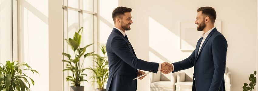 Business professionals discussing peer-to-peer loan options at a modern office