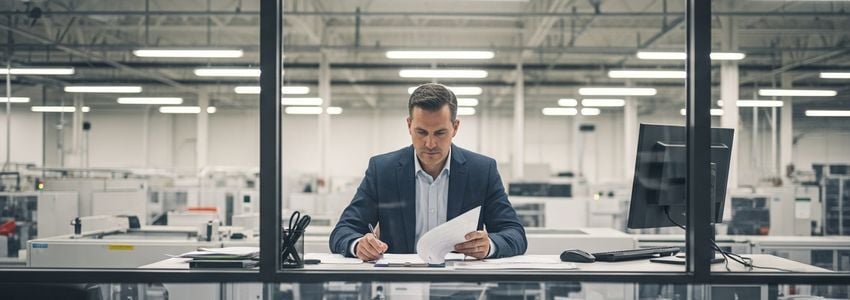 Pennsylvania manufacturing business owner reviewing financing options in a production facility office
