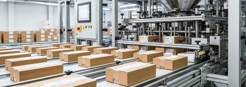 Industrial packaging equipment operating on a production line in a modern manufacturing facility