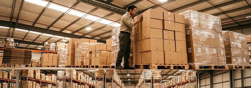 Warehouse manager reviewing packaging material costs and inventory on a tablet next to stacked cardboard boxes