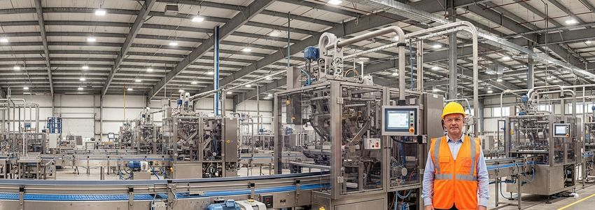 Factory manager overseeing modern packaging equipment line in manufacturing facility