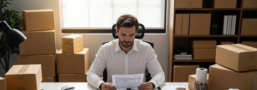 Small business owner reviewing packaging supply invoices and financial documents at an office desk