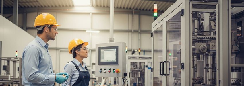 Business owner and production manager reviewing packaging machinery financing options in a food production facility