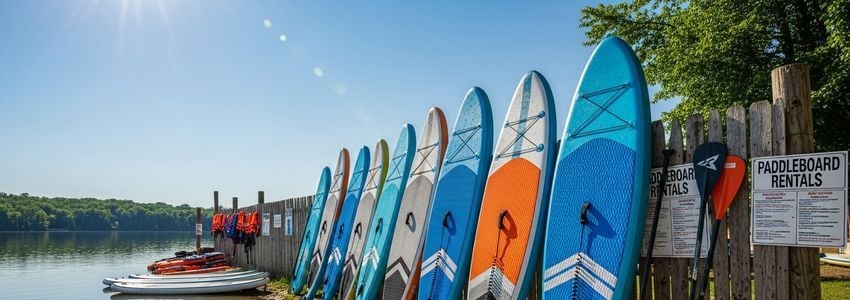 Paddleboards lined up at a waterfront rental location ready for customers