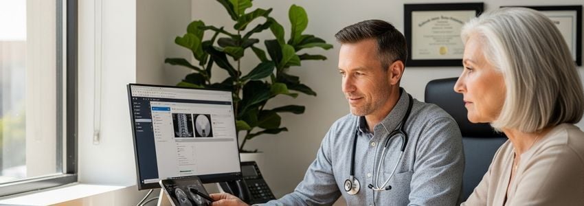 Pain management physician consulting with a patient at a modern medical office, discussing treatment financing options