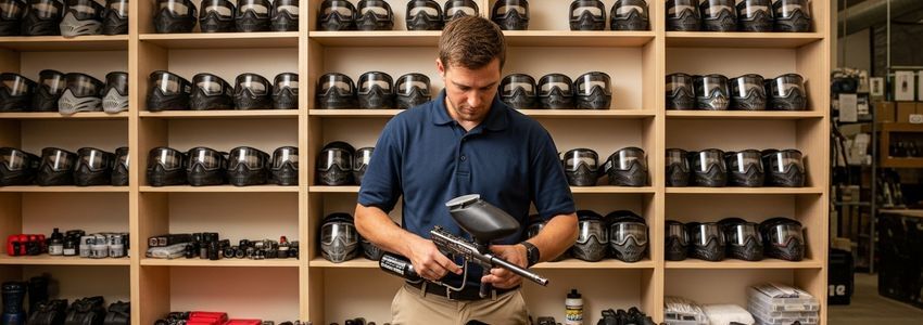 Paintball arena owner reviewing rental equipment and markers in a pro shop