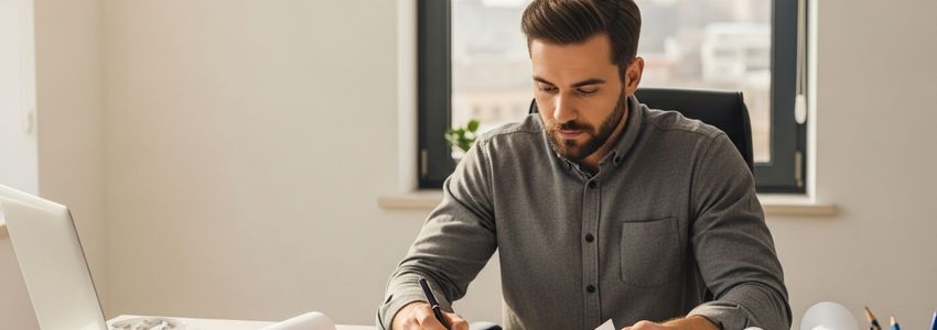 Painting contractor reviewing business loan documents and expansion plans at an office desk