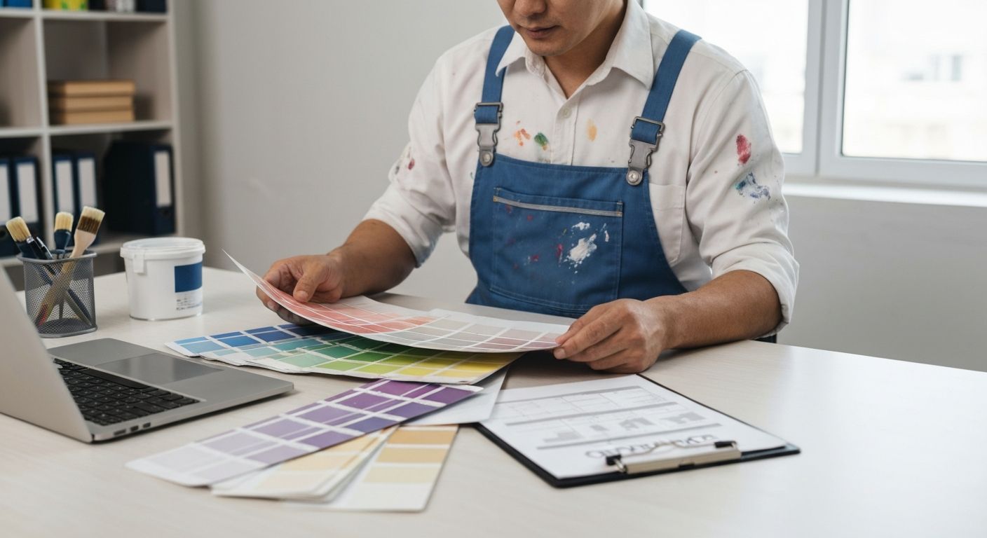 Painting business owners reviewing project bids and financing documents