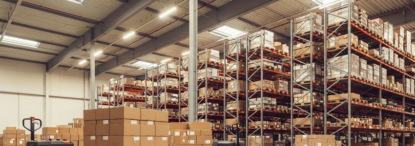 A bright commercial warehouse interior showing electric pallet jacks loaded with boxes on wooden pallets, with tall metal shelving racks stocked with inventory extending into the background