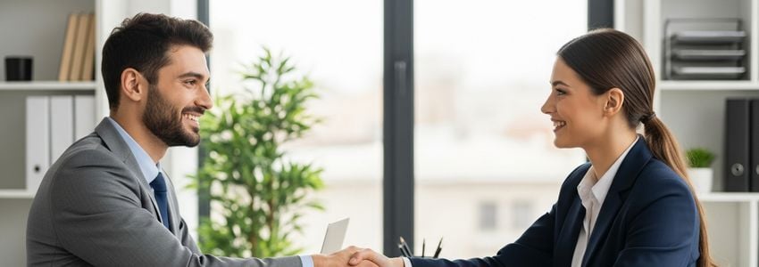 Small business owner and loan advisor shaking hands in a modern office, representing business financing in Palmdale, California