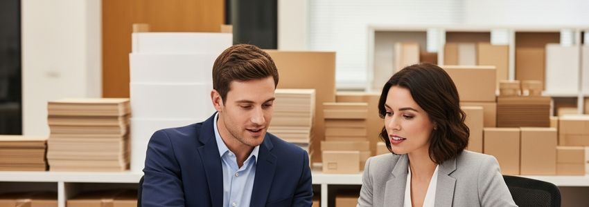 Paper product company business professionals reviewing loan documents in a commercial office with paper goods inventory in background