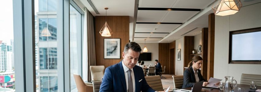 Hotel general manager reviewing Park Hyatt franchise financing documents