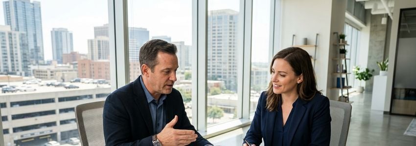 Parking facility business owner and loan officer reviewing financing options at a modern office desk