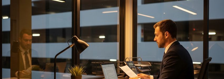 Parking facility business owner reviewing loan financing documents at an office desk