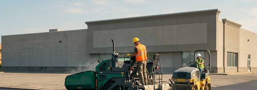 Paving crew resurfacing a commercial parking lot with a paver and roller machine