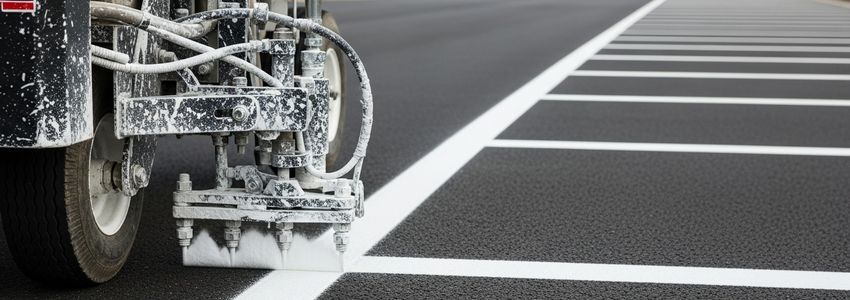Parking lot striping machine applying fresh paint lines on commercial asphalt
