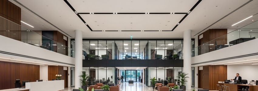 Modern corporate banking lobby representing participation loan structure with multiple lenders