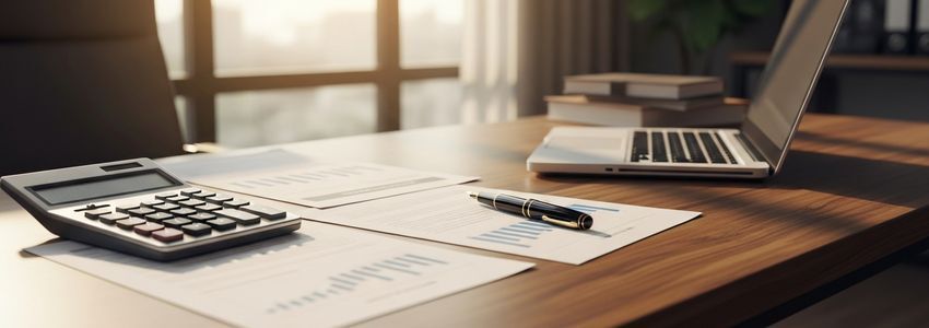 Business professional reviewing a partner buyout financing agreement with financial documents and laptop on desk