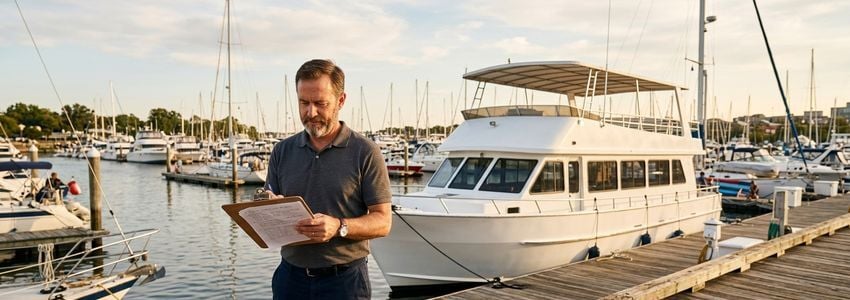 Boat charter business owner reviewing financing paperwork on the dock next to a party boat vessel