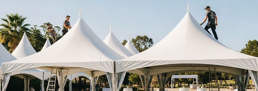Party rental business owners setting up event equipment