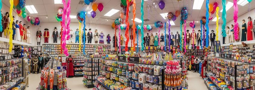 Colorful party supply store interior with balloons and decorations