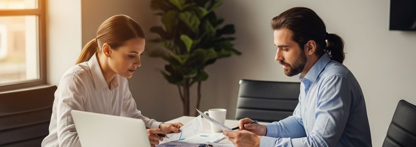 Business professional reviewing and resolving past-due invoices with a consultant
