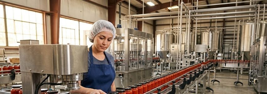 Food production worker operating commercial sauce bottling and filling equipment in a manufacturing facility
