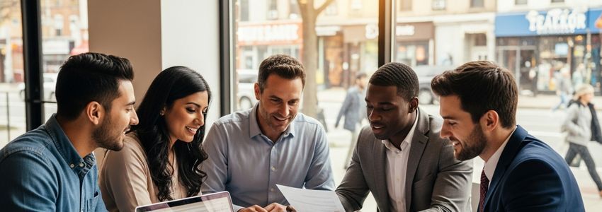 Diverse small business owners meeting with a financial advisor about business loans in Paterson, New Jersey