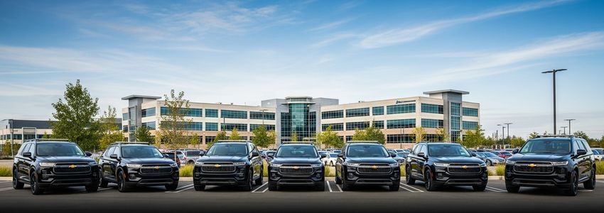 Fleet of commercial security patrol vehicles parked at corporate facility ready for deployment