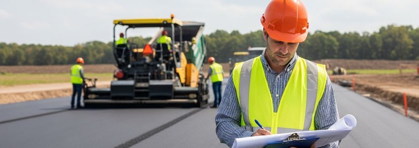 Paving contractor reviewing project documents at an active asphalt construction site