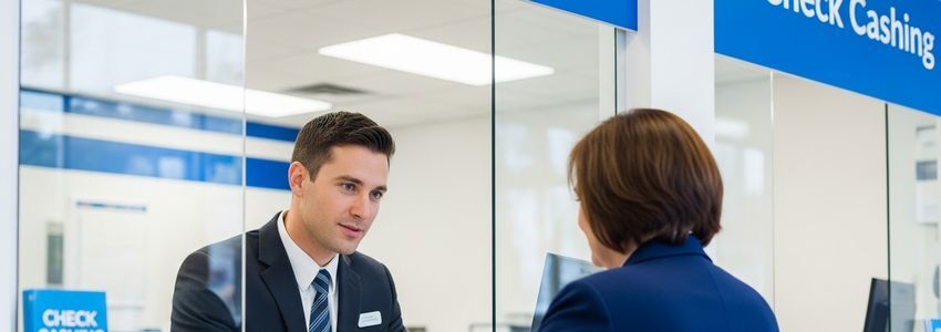 Payday loan store business financing - check cashing counter with professionals reviewing documents