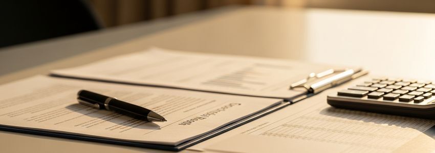 Business owner reviewing credit documents and financial reports