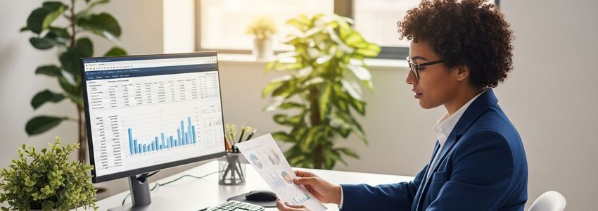 Business professional reviewing PAYDEX score benchmarks and industry credit data