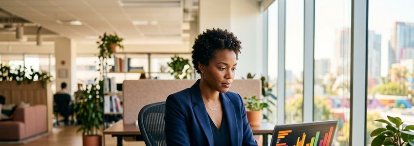 Small business owner reviewing payment processing paperwork and financing options at a desk with a laptop showing transaction data