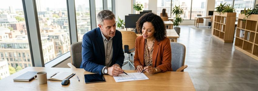 Small business owner reviewing unpaid invoices and financing options with an advisor in a bright office