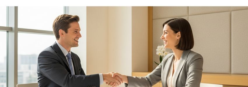 Payroll company professionals reviewing financing options and loan agreements in a modern business office