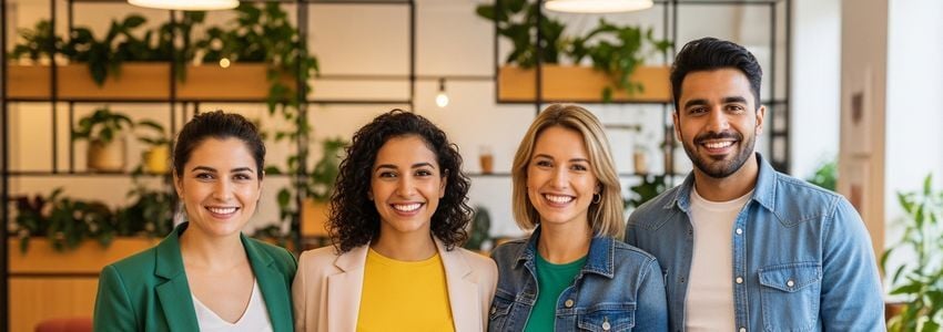 A diverse small business team standing together in a modern office, representing employees whose payroll is supported by business financing