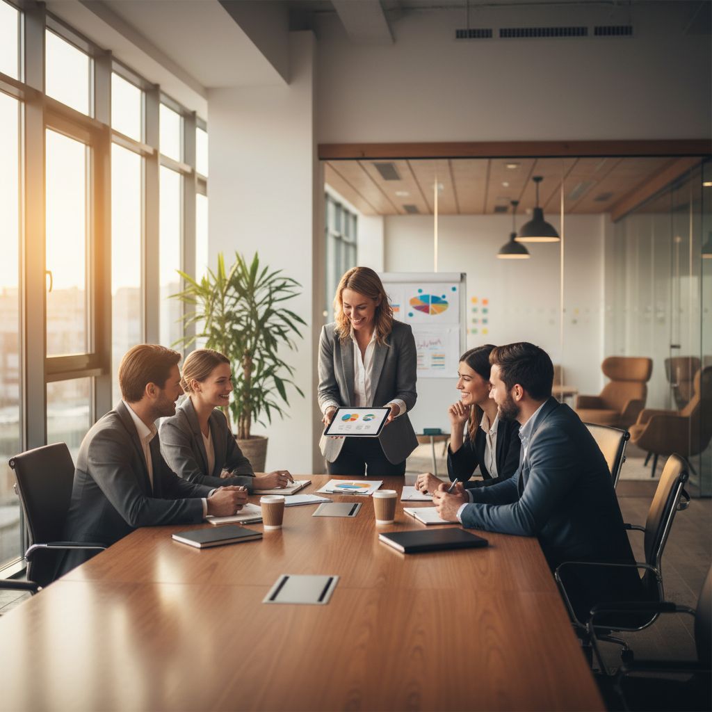 Small business owner meeting with employees at a bright modern office